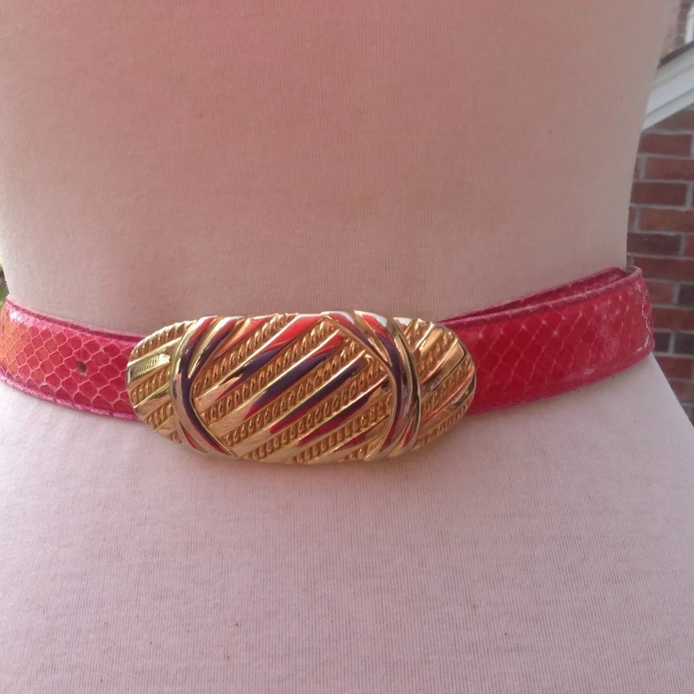Vintage Pink Snakeskin Leather Belt  Oval Buckle